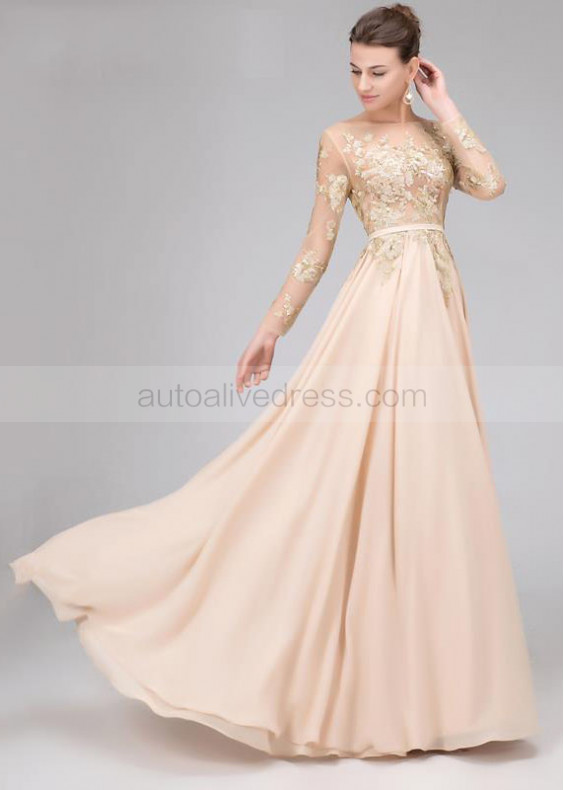 Long Sleeves Sequin Chiffon Backless Sexy Evening Dress